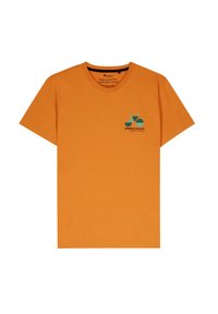 Oranje katoenen t-shirt met een kleine blauwe afbeelding van een fiets en de tekst "ALTIJD FIETSEN" op de linkerkant van de borst. Ronde halsontwerp.