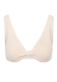 Top bikini color beige chiaro con texture a coste, design a V profonda, spalline larghe e dettaglio con nodo centrale.
