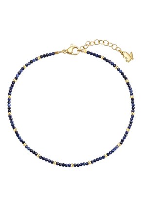 Pulsera delicada con pequeñas cuentas azul oscuro y doradas, cierre de langosta dorado, cadena ajustable y un colgante con forma de mariposa.