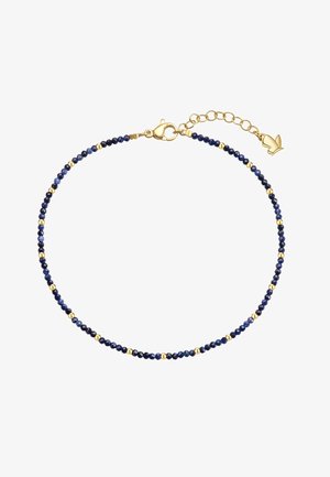 Pulsera delicada con pequeñas cuentas azul oscuro y doradas, cierre de langosta dorado, cadena ajustable y un colgante con forma de mariposa.
