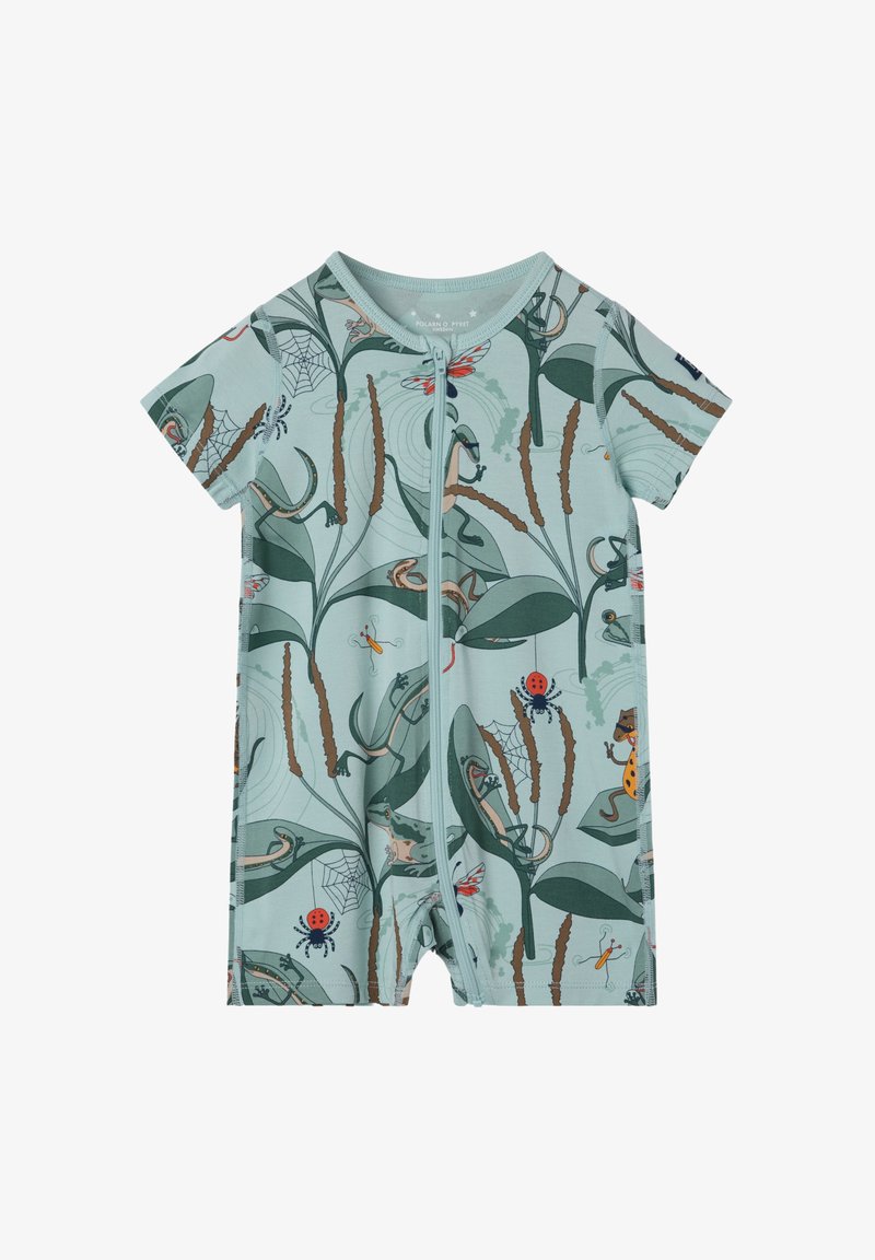 Combi-short à manches courtes en tissu bleu clair avec une fermeture éclair. Présente un imprimé ludique de plantes et d'insectes, incluant des grenouilles, des insectes et des araignées.