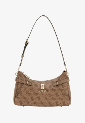 Sac à main imprimé marron avec une surface texturée, des ferrures dorées et une seule bandoulière réglable. Comprend une fermeture éclair et des accents de boucles.