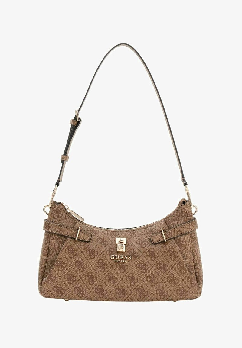 Sac à main imprimé marron avec une surface texturée, des ferrures dorées et une seule bandoulière réglable. Comprend une fermeture éclair et des accents de boucles.