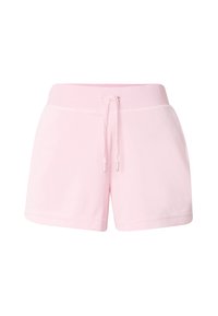 Shorts en coton rose avec une ceinture élastique et un cordon de serrage. Caractérisés par une texture lisse et une coupe décontractée, adaptés à une tenue casual.