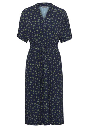 Tmavě modré šaty s krátkými rukávy a véčkovým výstřihem, zdobené květinovým vzorem v zelené barvě. Pas je stahován odpovídajícím páskem.