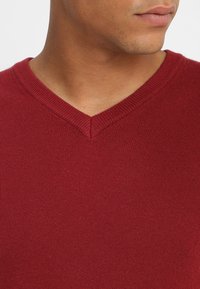 Närbild av en mans nedre ansikte och nacke, klädd i en röd V-ringad tröja, som tittar åt sidan mot en enkel bakgrund.