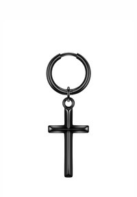 Boucle d'oreille en métal noir avec un anneau circulaire et un pendentif en forme de croix plate. La surface est lisse avec une finition brillante.