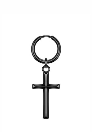 Boucle d'oreille en métal noir avec un anneau circulaire et un pendentif en forme de croix plate. La surface est lisse avec une finition brillante.