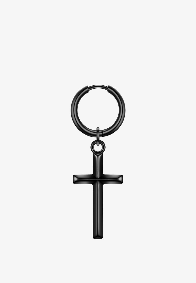Juodųjų metalų auskarai su apvaliu žiedu ir plokščiu kryžiaus pakabuku. Paviršius yra lygus su blizgiu apdaila.