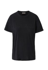 Černé bavlněné tričko s krátkými manžetami a rovný střihem. Na přední straně má texturované logo z kamínků. Hladká tkanina.