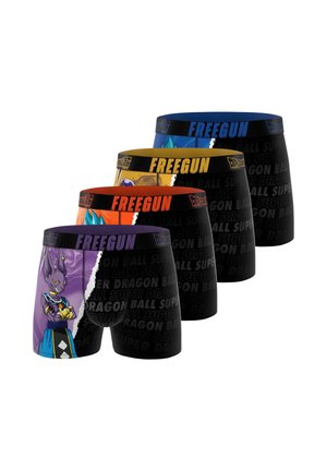 Quatre paires de boxers à motif Dragon Ball en violet, orange, jaune et bleu avec des ceintures "FREEGUN" et des graphismes de personnages.