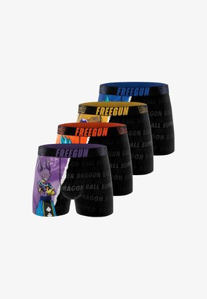 Quatre paires de boxers à motif Dragon Ball en violet, orange, jaune et bleu avec des ceintures "FREEGUN" et des graphismes de personnages.