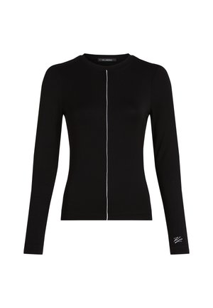 Maglia nera a maniche lunghe realizzata in tessuto morbido, con una cucitura bianca centrale e un piccolo logo ricamato sulla parte bassa della manica.