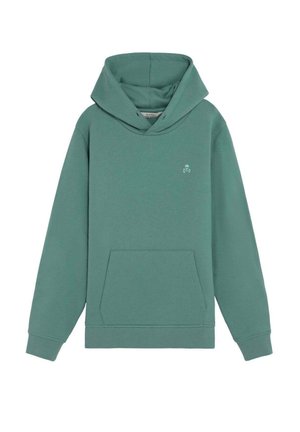 Sudadera verde con capucha, bolsillo canguro frontal y un pequeño logo de calavera en el lado izquierdo del pecho, mangas largas y puños acanalados.