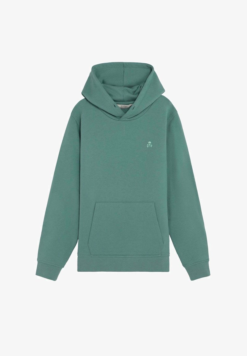 Sweat à capuche vert avec une poche kangourou à l'avant et un petit logo de crâne sur la poitrine gauche, manches longues et poignets côtelés.