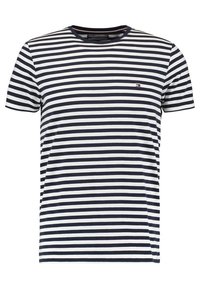 Camiseta de manga corta a rayas con rayas horizontales en azul marino y blanco, cuello redondo y pequeño logotipo en el pecho.