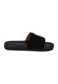 Black slide sandal featuring a suede upper, smooth synthetic footbed, and a decorative rhinestone accent on the strap. Flat rubber sole.