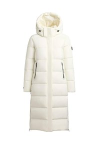 Witte gewatteerde lange jas met capuchon, ritszakken aan de zijkant en elastische trekkoordaccenten. Gladde textuur met een gewatteerd design.