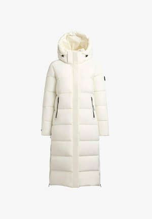 Witte gewatteerde lange jas met capuchon, ritszakken aan de zijkant en elastische trekkoordaccenten. Gladde textuur met een gewatteerd design.
