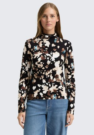 Zwarte lange mouwen top met een multicolore abstracte print in bruin, crème en blauw. Voorzien van een hoge hals en een geribbelde textuur.
