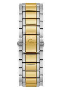 Pulsera de reloj de metal en tonos plateado y dorado con un diseño de eslabones. Presenta eslabones rectangulares alternados en plata cepillada y dorado pulido.