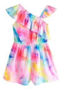 Salopetă colorată cu un umăr gol și gât cu volane. Prezintă un material ușor și neted, cu un model tie-dye în roz, albastru și galben.