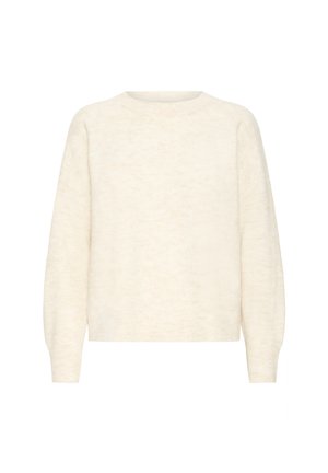 Kermanvärinen neulepusero, jossa on pyöreä pääntie, roikkuneet olkapäät ja ribbaушы hihansuut. Pehmeä rakenne, rento istuvuus ja minimalistinen muotoilu.