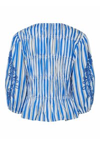 Blå och vit randig blus med puffärmar, rynkad struktur och spetsdetaljer på ärmarna, med en peplumdesign.