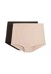 Set od dva para ženskih hipster gaćica u bež i crnoj boji. Mekana tkanina s glatkom teksturom i ravnim pojasom. Nema vidljivih uzoraka.