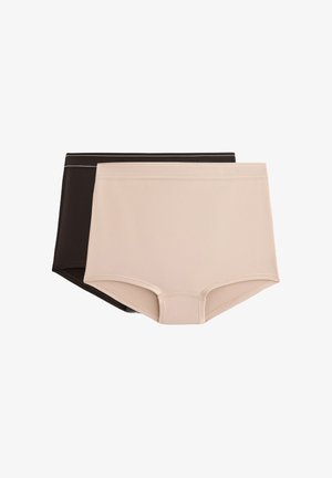 Set dveh parov ženskega hipsterskega spodnjega perila v bež in črni barvi. Mehka tkanina z gladko teksturo in ravnim pasom. Brez vidnih vzorcev.