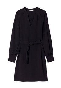 Robe noire avec un décolleté en V, des manches longues avec des poignets froncés et une ceinture nouée à la taille. Confectionnée en tissu texturé avec une coupe décontractée.