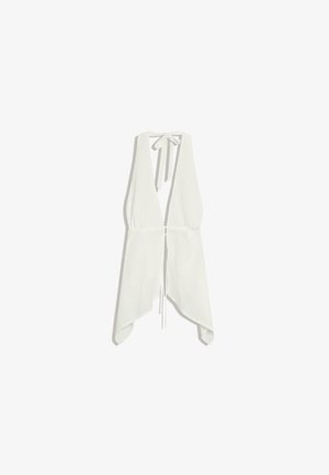 Fehér ujjatlan pántos felső mély V-nyakkivágással, nyaknál megkötős, derékrészen összeszűkített, aszimmetrikus zsebkendőszegélyű szegéllyel.