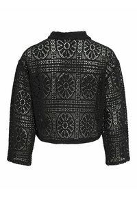 Crni skraćeni blejzer s dizajnom nalik čipki, s cvjetnim uzorcima, dugim rukavima i otvorenom teksturom. Prikaz stražnje strane.