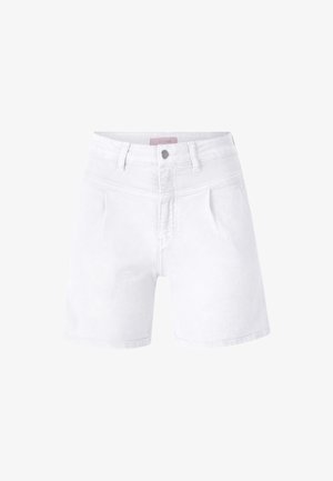 Białe szorty dżinsowe z wysokim stanem, z zapięciem na guzik z przodu oraz dwiema bocznymi kieszeniami, gładka faktura i czysty design.
