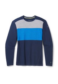 Långärmad skjorta med marinblå, ljusgrå och klarblå horisontella ränder. Tillverkad av mjukt material med rundad hals och diskret märkning.