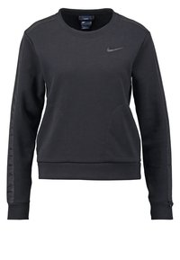 Sudadera negra de Nike con cuello redondo, mangas largas, bolsillos laterales, detalles texturizados en las mangas y un pequeño logo en el pecho.