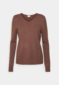 Brun V-ringad tröja med långa ärmar, ribbad nederkant och manschetter, gjord av ett mjukt, texturerat material. Enkel, sömlös design.