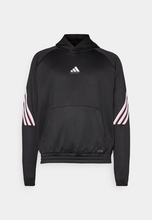 Black hoodie made of lightweight fabric, featuring a kangaroo pocket, rubberized logo, and contrasting red and white stripes along the sleeves.