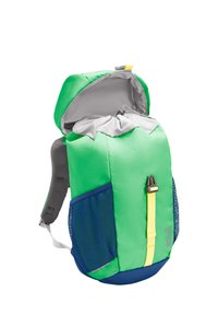 Sac à dos vert et bleu avec une sangle jaune, des poches latérales en mesh, des bretelles grises rembourrées et une fermeture supérieure à cordon.