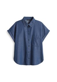 Chemise en jean bleu à manches courtes avec boutons, col et poche sur la poitrine gauche, présentée à plat sur un fond blanc.