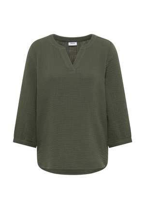Blouse texturée vert olive à manches longues avec un col rond et une ouverture en forme d'encoche en V à l'avant.