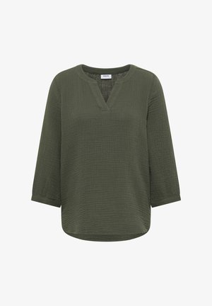 Długa bluzka z teksturowanej oliwkowej zieleni, z okrągłym dekoltem i przednim wycięciem w kształcie litery V.