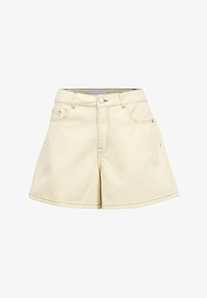 Shorts beiges taille haute avec bouton sur le devant, fermeture éclair, passants pour ceinture, et poches avant et arrière, présentés sur un fond blanc.