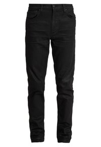 Jeans de mezclilla negra con un corte ajustado, cinco bolsillos, cierre de botón y textura sutil. Sin desgaste ni deterioro visible.