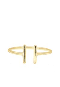 Goldring mit minimalistischem Design, bestehend aus zwei vertikalen Stäben auf einem dünnen Band. Die glatte Oberfläche und die polierte Textur unterstreichen sein elegantes Erscheinungsbild.