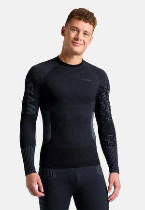 Zwarte thermoshirt met lange mouwen, voorzien van textuurpatronen, naadloze constructie en een aansluitend ontwerp met contrasterende grijze accenten.
