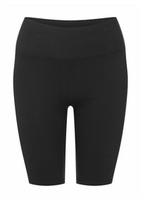 Czarne, dopasowane krótkie spodenki sportowe z elastycznego materiału; wysoka talia; gładka faktura; długość ściągająca nad kolano.