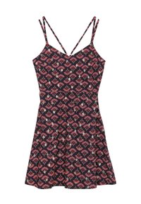 Robe noire sans manches avec un motif floral géométrique rose et vert et des doubles fines bretelles croisées dans le dos.