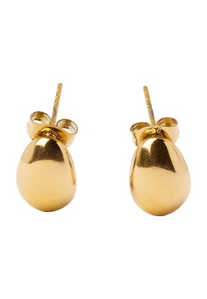Para gładkich, polerowanych pozłacanych kolczyków typu sztyft z zaokrąglonymi, lekko kroplowatymi frontami oraz motylkowymi zapięciami.