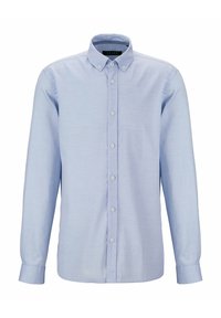 Himmelblaues, langärmliges Hemd mit Knopfverschluss aus strukturiertem Stoff, das einen Button-Down-Kragen und eine klassische Knopf-Frontverschluss hat.